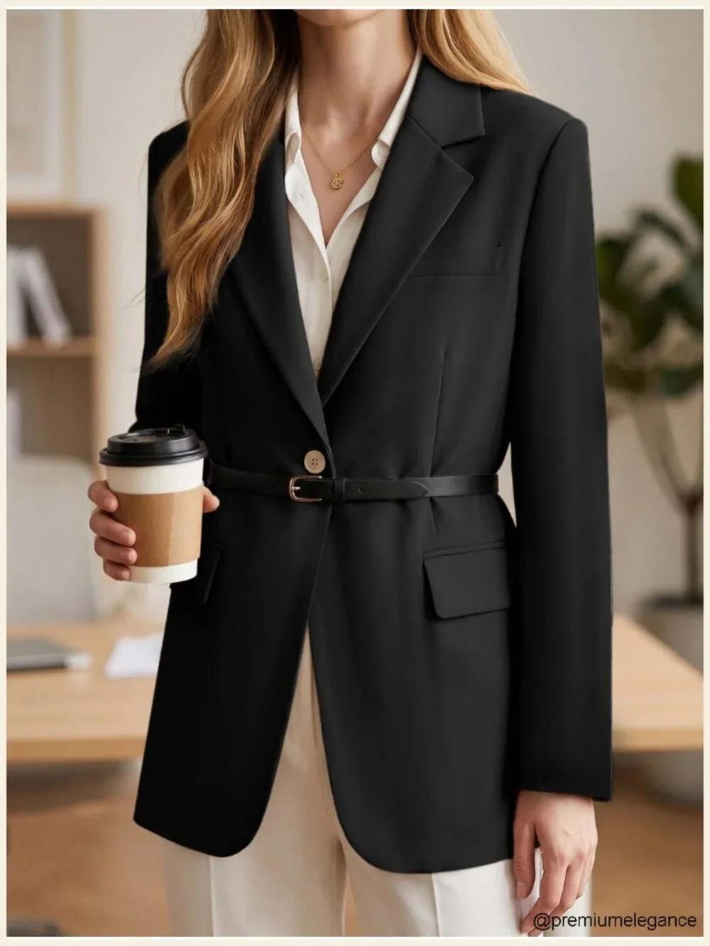 Oversized Blazer with Belt Lightweight Polyester Business Casual Notch Lapel